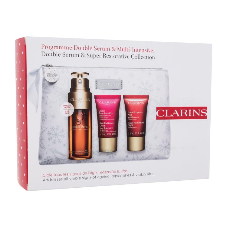 Clarins Double Serum &amp; Super Restorative Collection Geschenkset Hautserum Double Serum 50 ml + Tagescreme Rose Radiance Super Restorative 15 ml + Nachtpflege Super Restorative Night 15 ml + Kosmetiketui