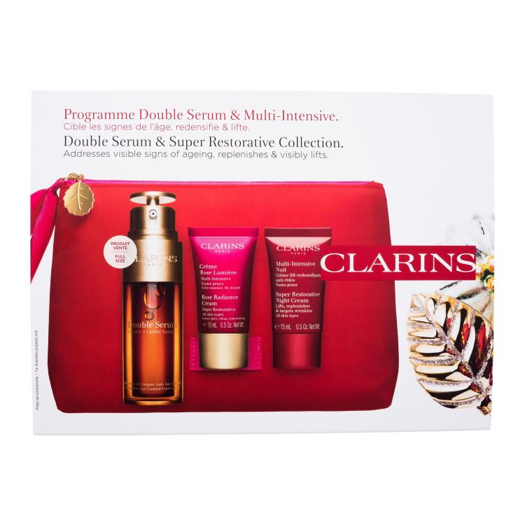 Clarins Double Serum &amp; Super Restorative Collection Geschenkset Gesichtsserum Double Serum 50 ml + Tagescreme Rose Radiance Cream Super Restorative 15 ml + Nachtcreme Super Restorative Night Cream 15 ml + Kosmetiketui