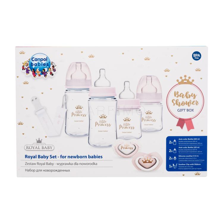 Canpol babies Royal Baby Set Little Princess Geschenkset EasyStart Anti-Colic Babyflasche 2 x 240ml + EasyStart Anti-Colic Babyflasche 2 x 120ml + Light Touch Royal Baby Schnuller 2 x 0-6m + Royal Baby Schnuller Clip mit Schleife 1 St.