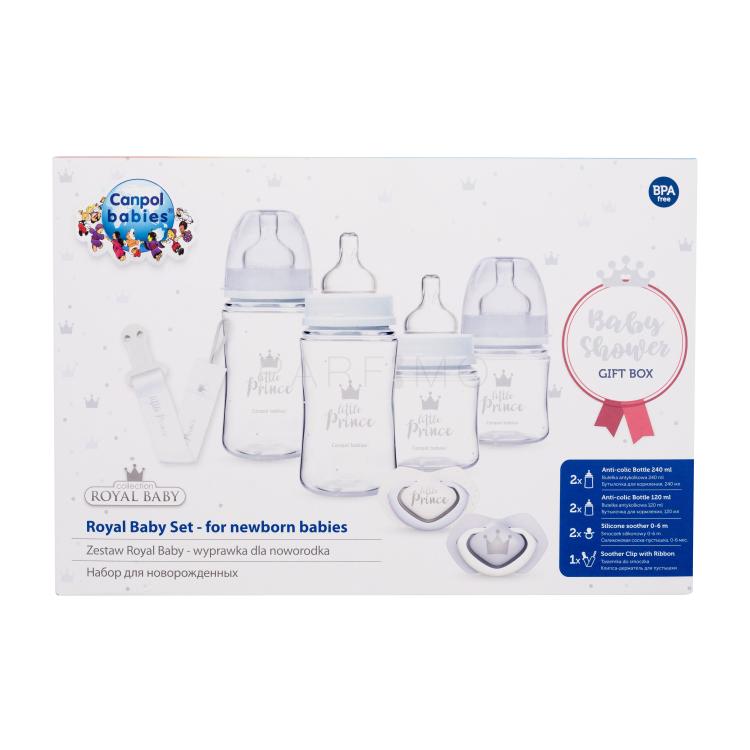 Canpol babies Royal Baby Set Little Prince Geschenkset EasyStart Anti-Colic Babyflasche 2 x 240ml + EasyStart Anti-Colic Babyflasche 2 x 120ml + Light Touch Royal Baby Schnuller 2 x 0-6m + Royal Baby Schnuller Clip mit Schleife 1 St.