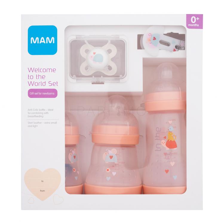 MAM Welcome To The World Set 0m+ Pink Geschenkset Anti-Colic 160 ml Babyflasche 2 St. + Anti-Colic 260 ml Babyflasche 1 St. + Start Schnuller 1 St. + Schnullerband 1 St.