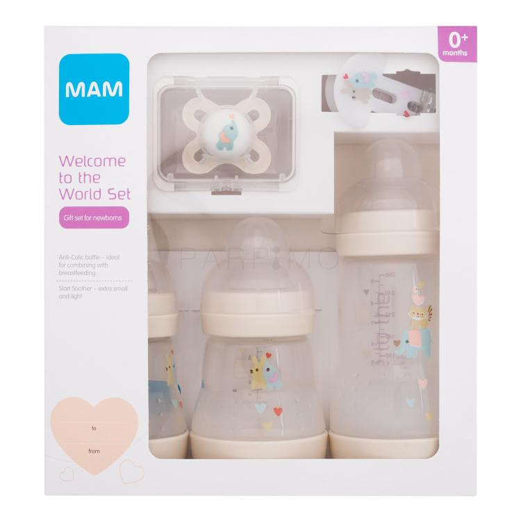 MAM Welcome To The World Set 0m+ Beige Geschenkset Anti-Colic 160 ml Babyflasche 2 St. + Anti-Colic 260 ml Babyflasche 1 St. + Start Schnuller 1 St. + Schnullerband 1 St.