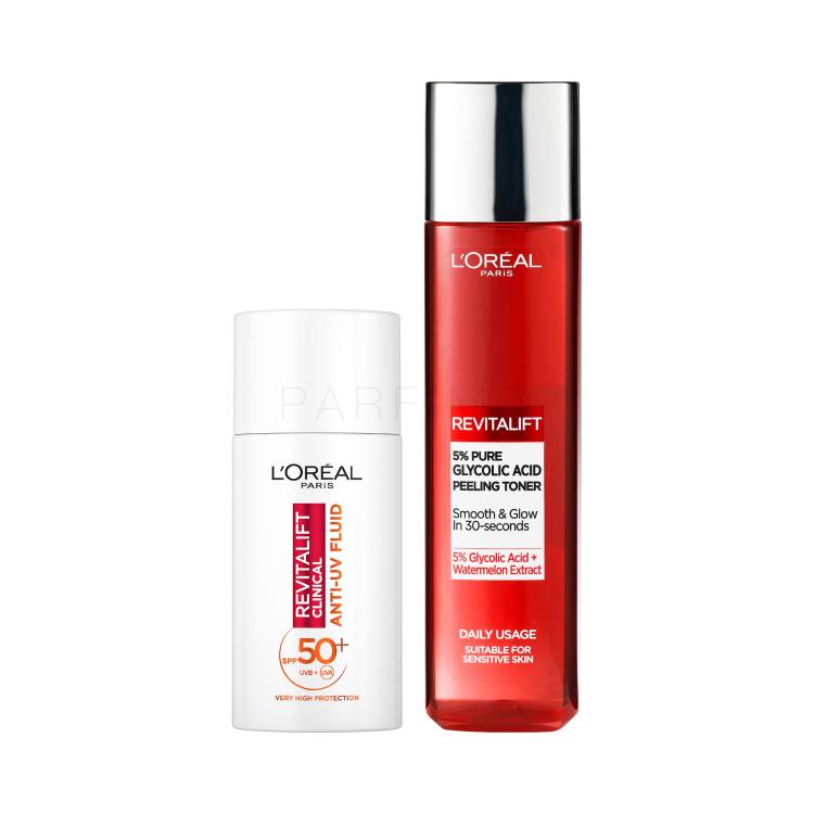 Set Tagescreme L&#039;Oréal Paris Revitalift Clinical Anti-UV Fluid SPF50+ + Gesichtswasser und Spray L&#039;Oréal Paris Revitalift 5% Pure Glycolic Acid Peeling Toner