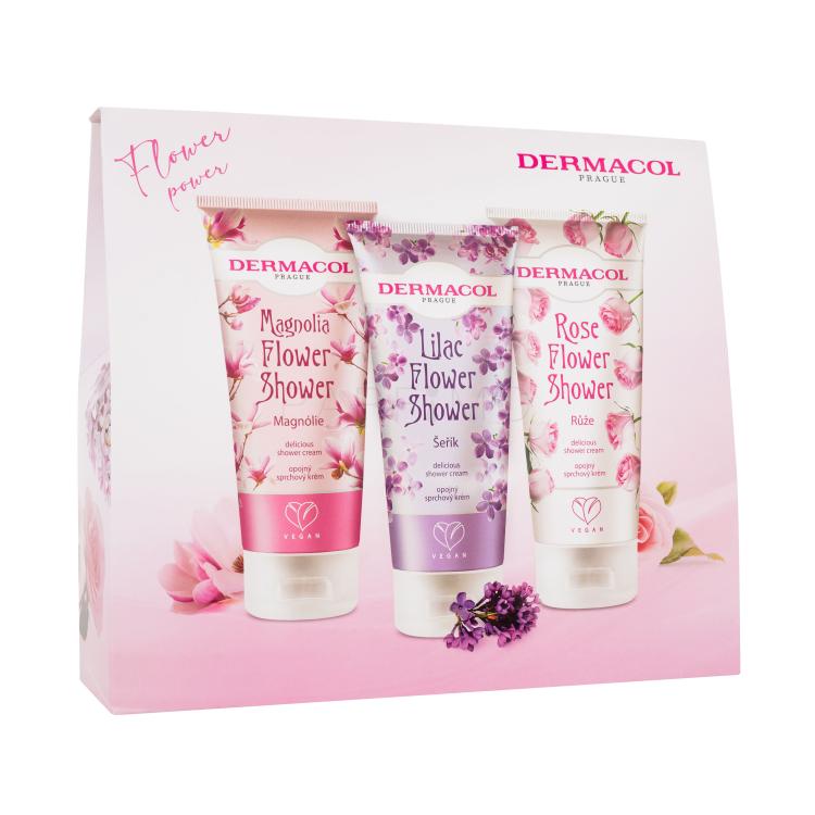 Dermacol Flower Power Geschenkset Duschcreme Magnolia Flower 200 ml + Duschcreme Lilac Flower 200 ml + Duschcreme Rose Flower 200 ml