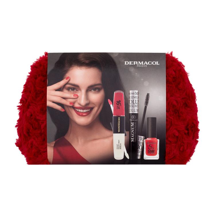 Dermacol Magnum Maximum Volume Geschenkset Mascara Magnum Maximum Volume 9 ml Black + Langhaftender Lippenstift 16H Lip Colour 8 ml 20 + Nagellack 5 Day Stay 11 ml 21 + Kosmetiktasche