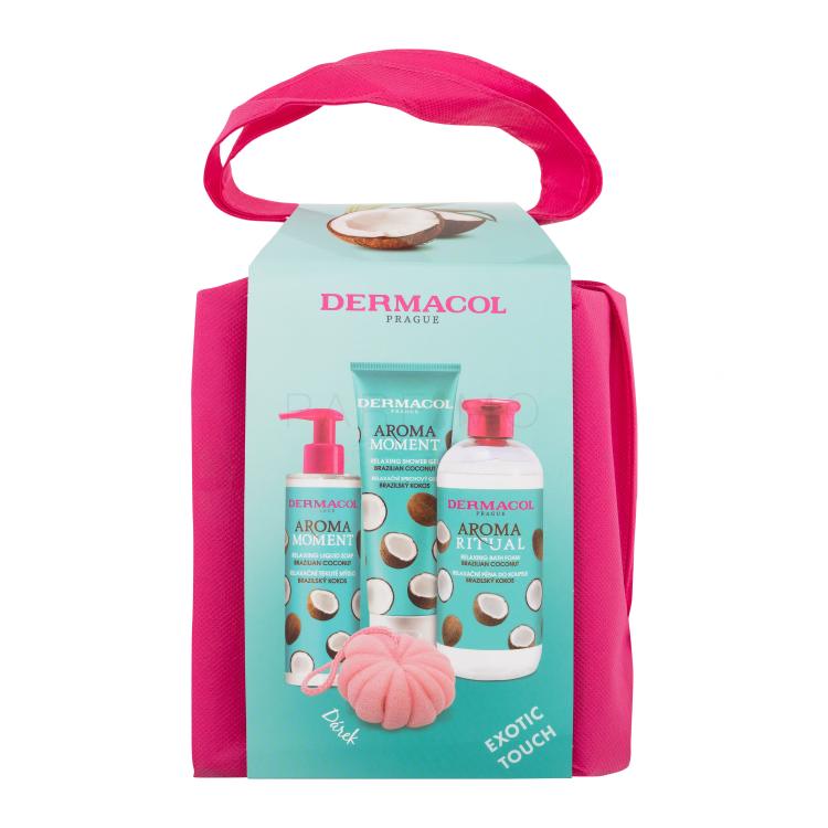 Dermacol Aroma Moment Brazilian Coconut Geschenkset Duschgel Brazilian Coconut 250 ml + Badeschaum Brazilian Coconut 500 ml + Flüssigseife Brazilian Coconut 250 ml + Waschschwamm + Beutel