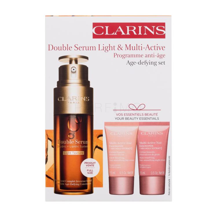 Clarins Double Serum Light &amp; Multi-Active Age-defying Set Geschenkset Gesichtsserum Double Serum Light Texture 50 ml + Tagescreme Multi-Active Day Cream 15 ml + Nachtcreme Multi-Active Night Cream 15 ml + Augenserum Double Serum Eye 0,9 ml