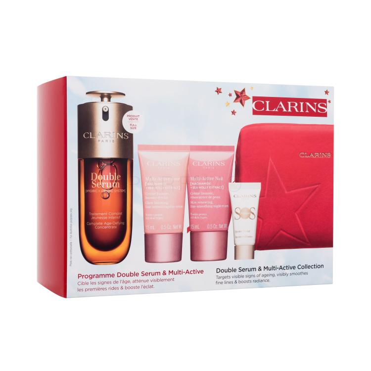 Clarins Double Serum &amp; Multi-Active Collection Geschenkset Gesichtsserum Double Serum 50 ml + Tagescreme Multi-Active Jour 15 ml + Nachtcreme Multi-Active Nuit 15 ml + Make-up-Grundierung SOS Primer 5 ml + Rote Kosmetiktasche