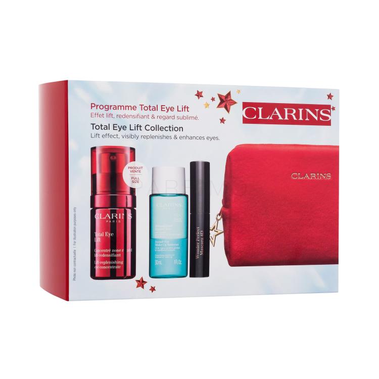 Clarins Total Eye Lift Collection Geschenkset Total Eye Lift Augencreme 15 ml + Instant Eye Make-Up Entferner 30 ml + Wonder Perfect Mascara 4D Mascara 3 ml 01 Perfect Black + Rote Kosmetiktasche